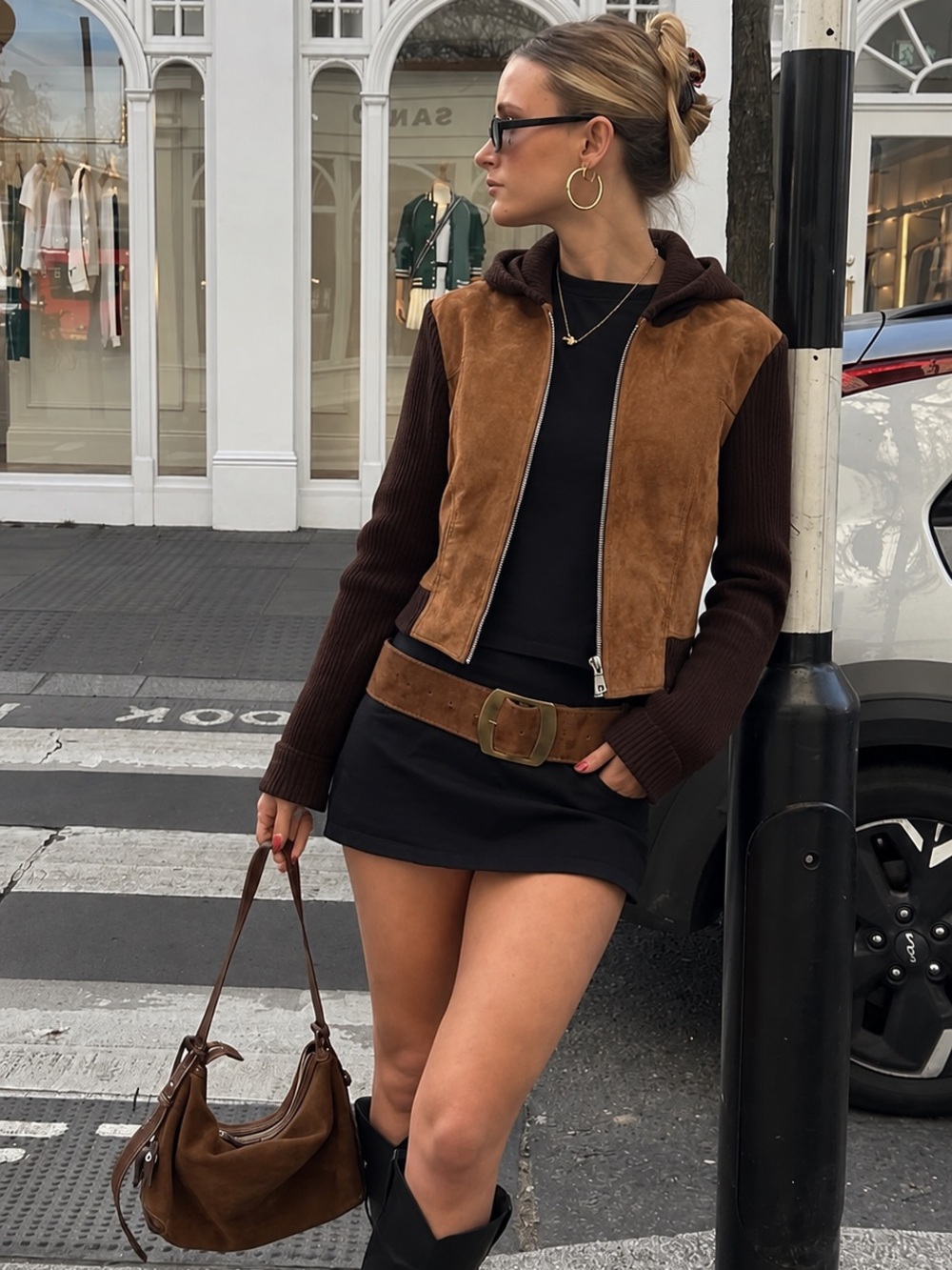 Vintage CLIO Brown Suede Leather Knit Hooded Jacket Size 10 Y2K